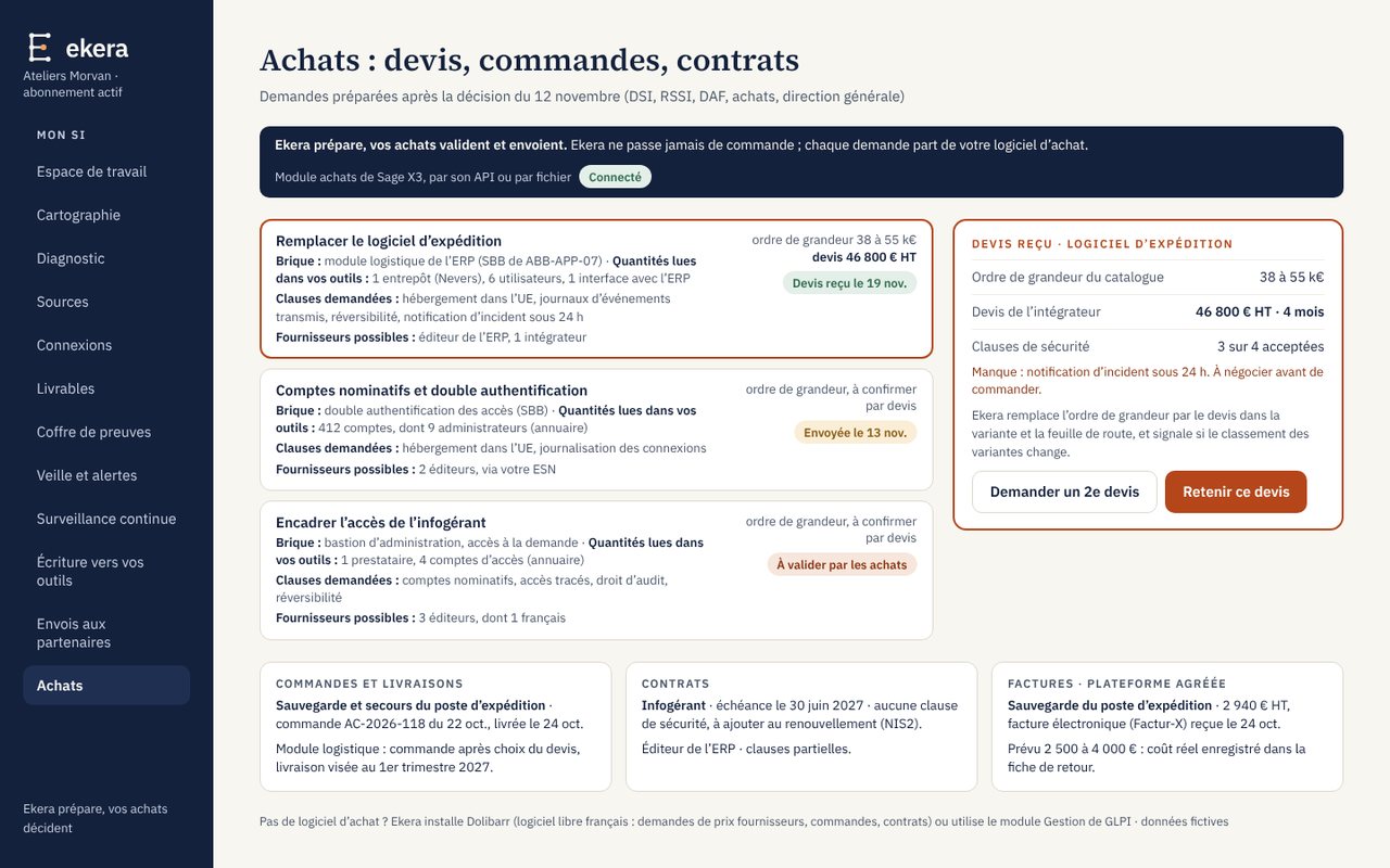Écran Ekera : achats, demandes de devis, commandes et contrats, données fictives